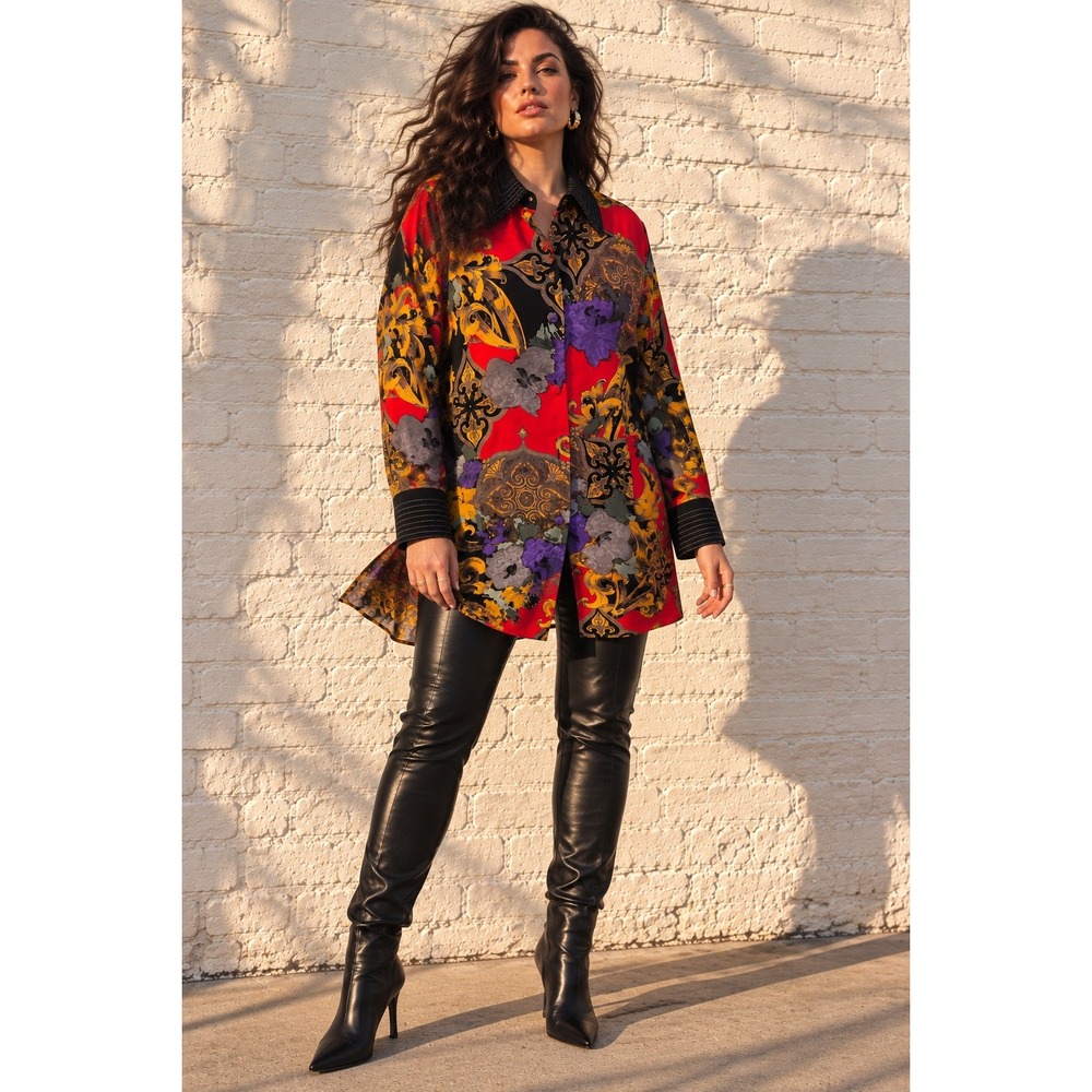 Vintage Brioni Roma Red Silk Baroque Floral Blouse Gold Stitch Tunic Mob Wife L